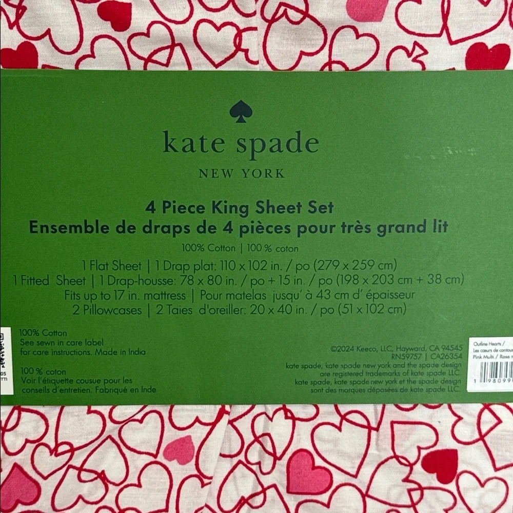 Kate Spade King size Red and Pink Heart Sheet Set.